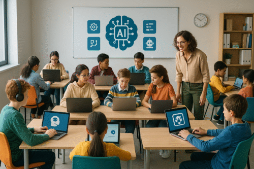 Aula distribuida como aula del futuro con chicos y chicas trabajando en equipo apoyados de ordenadores con inteligencia artificial y una docente acompañando al alumnado.